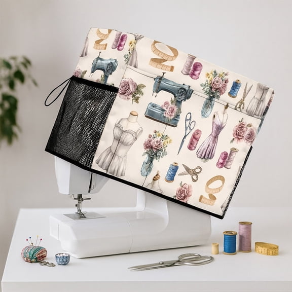 DAMAI Embroidered Floral Sewing Machine Cover with Storage Pockets, Quilted Dust Proof Protective Case for Most Standard Sewing Machine Foldable Sewing Machine Cover