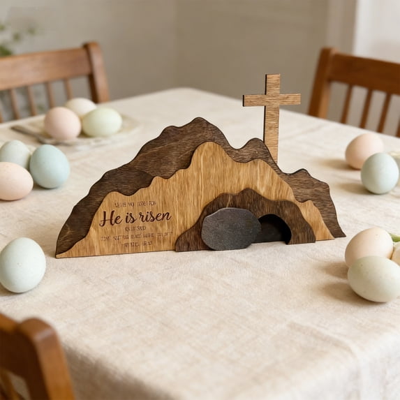 DAMAI Empty Tomb Easter Scene and Cross Decoration, Jesus Tomb Tray Bundle Kit Wooden Religious Easter Decorations Farmhouse He is Risen Signs Easter Tray Decor for Home Table