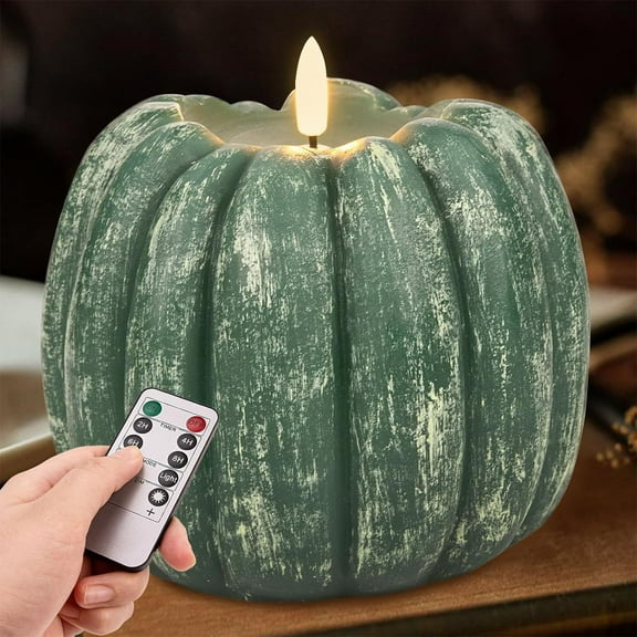 DAMAI Fall Decorations for Home, Flickering Flameless Wax Pumpkin LED Candle with Timer Remote Control,Thanksgiving Gifts, Autumn Farmhouse Rustic Harvest Decor for Tiered Tray Table Indoor (Green)