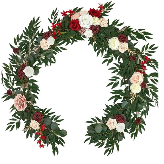 DAMAI Fall Flower Garland - 6FT Eucalyptus & Rose,Handcrafted Eucalyptus Floral Garland for Wedding Sweetheart Table,Wedding Arch Flowers for Backdrop Head Table Decor Ceremony Reception(Rose Red) 