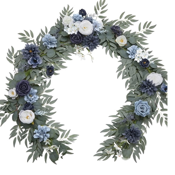 DAMAI Fall Flower Garland - 6FT Eucalyptus & Rose,Handcrafted Eucalyptus Floral Garland for Wedding Sweetheart Table,Wedding Arch Flowers for Backdrop Head Table Decor Ceremony Reception(Pale Blue) 