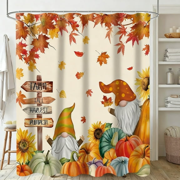 DAMAI Fall Gnome Pumpkin Shower Curtain Autumn Maple Leaves Harvest Thanksgiving Farmhouse Bathroom Curtains Waterproof Polyester Fabric Bath Curtain for Autumn Theme Decorations