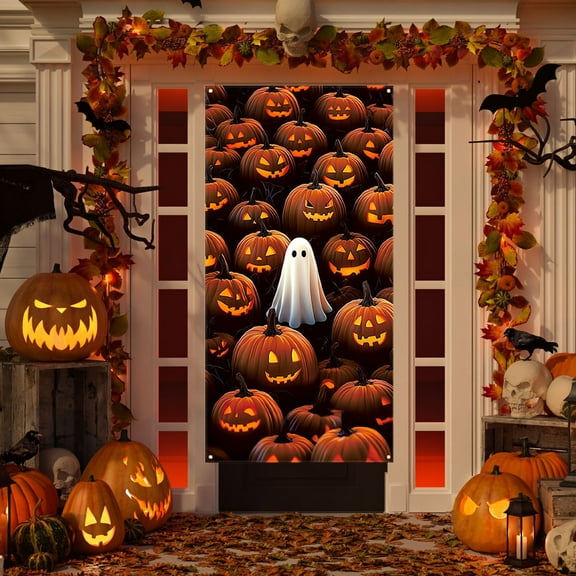 DAMAI Fall Halloween Ghost Door Cover, Spooky Ghost Pumpkin Autumn Decoration Doorway Door Curtains Banners Backdrop Background Decor for Halloween Party, Indoor Outdoor Decorations, 35 x 70 Inch