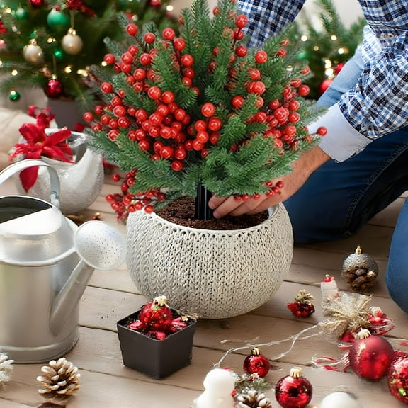 DAMAI Faux Cedar Trees - Artificial Green Shrubs with Red Berries, Lifelike Decorative Greenery, Weather-Resistant Build, Holiday Accent Piece, Seasonal Outdoor Decor for Porch Patio Lawn Planter