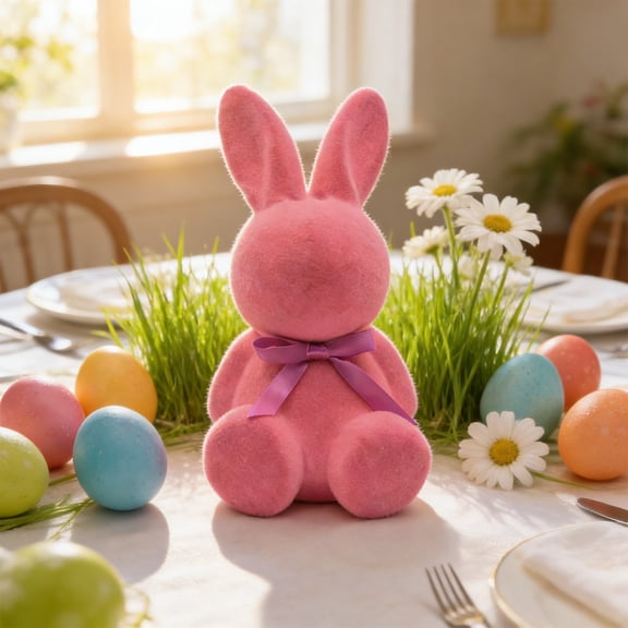 DAMAI Flocked Sitting Easter Bunny Figurine with Bow Tie Cute Rabbit Table Centerpiece Decor for Easter Spring Signs Centerpieces Farmhouse Home Decor