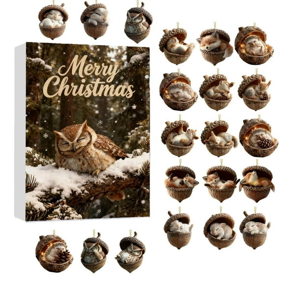 DAMAI Forest Animal Acorn Ornaments Advent Calendar 2025, 24PCS Cozy Forest Christmas Ornaments, Pine Cone Animal Ornament for Christmas Tree Decoration