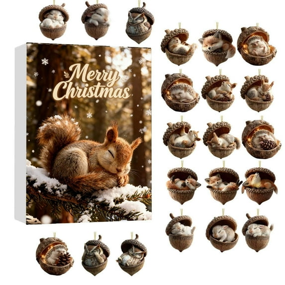 DAMAI Forest Animal Acorn Ornaments Advent Calendar 2025, 24PCS Cozy Forest Christmas Ornaments, Pine Cone Animal Ornament for Christmas Tree Decoration
