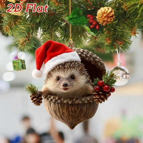 DAMAI Forest Animal Acorn Ornaments With Christmas Hat Berry Pinecone, 2026 New Cozy Woodland Animal Christmas Tree Decor, 2D Flat Acrylic Pine Cone Animal Hanging Pendants for Xmas Nature Lovers