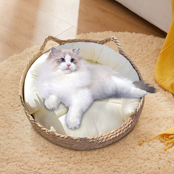DAMAI Four Seasons Cat Bed,Woven Removable Upholstery Sleeping House,Washable Pet Bed Straw Handwoven with Cozy Cushion,Cats Pet Products Accessories(Beige)