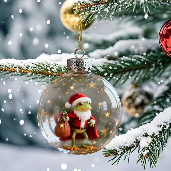 DAMAI Frog Christmas Ornament Set, 2D Magical Hanging Clear Plastic Xmas Ball, Vivid Santa Frog & Crystal Ball Ornaments for Tree, Indoor/Outdoor Holiday Decor, Perfect Festive Gift & Keepsake