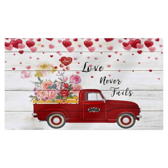 DAMAI Front Door Mat Indoor Outdoor Valentine's Day Red Truck Roses Wood Grain Non-Slip Doormat Low Profile Patio Porch Entryway Rug 16" x 24" Love Balloons