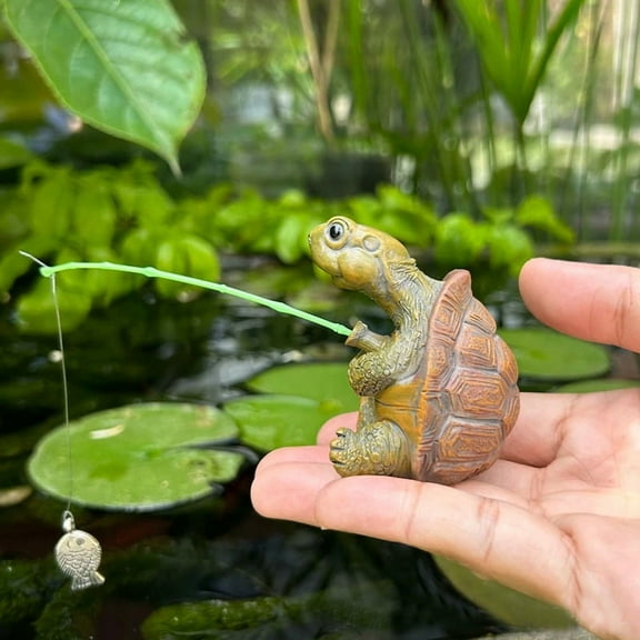 DAMAI Funny Fishing Turtle Resin Figurines, 3 Inch Cute Resin Turtle Sculpture,Handmade Crafts Aquarium Fish Tank Home Decoration for Patio Lawn Decor Animal Crafts Ornament