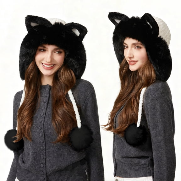DAMAI Funny Warm Moving Ear Furry Cat Fox Hoodie, Winter Balaclava Fuzzy Hat Cute Animal Head Hat, Faux Fur Windproof Hooded Beanie Animal Themed Costume Hat for Men Women