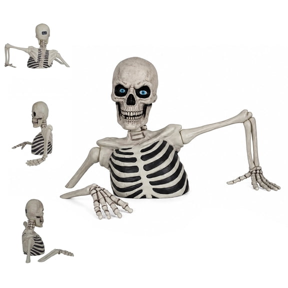 DAMAI Giant Ground Breaking Skeleton with LCD Eyes,Weathered Resin Skeleton Half Body with Light Up Blue Glowing Eyes,Gothic Halloween Decor for Front Yard Lawn Tree Root Porch Haunted House