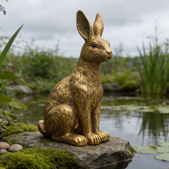 DAMAI Gold Rabbits Easter - 6.5 Inch Vintage Resin Crouching Bunny Statue, Small Bunny Decor for Spring Elegant Tabletop Centerpiece, Home Lawn Yard Decorations Womens Gifts