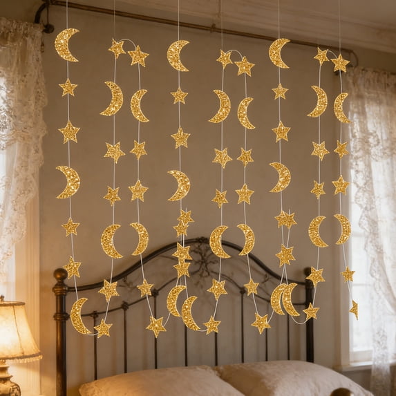 DAMAI Gold Star Moon Hanging Ornaments, Glitter Star Streamers Ceiling Hanging Ornaments for Party Wedding Birthday New Year Celebration Table Centerpiece and Wall Decorations