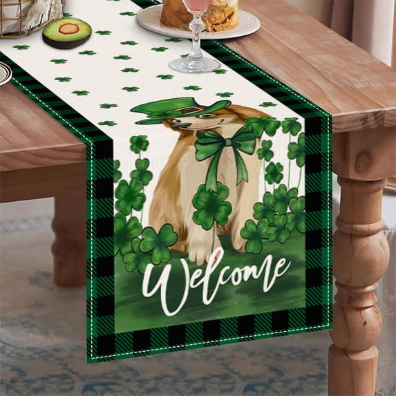 DAMAI Green Lucky Clover Sharmrock St. Patrick's Day Table Runner 72 Inches Long Gnome Beer Elf Linen Burlap Table Runner for Table Party Home Dinner Decor
