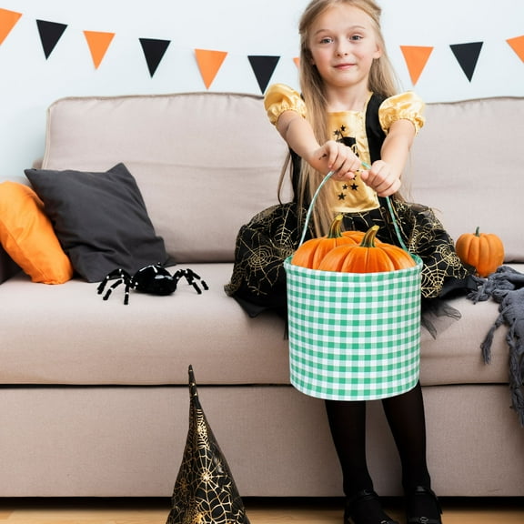 DAMAI Halloween Bags, Halloween Gingham Bags with Handle, Reusable Halloween Candy Basket Tote, Candy Bag Halloween Decoration Gifts for Halloween Party Favor Supplies (Green)