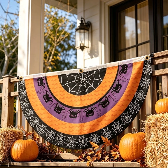 DAMAI Halloween Bunting Fan Flag,Semicircular Flag With 3 Brass Grommets Spider Bat Web Prints,Gothic Black Orange Hanging Banner For Halloween Porch Railing Fence Patio Fence Front Yard Decor