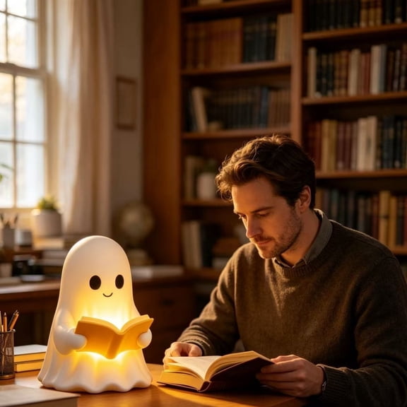 DAMAI Halloween Decorations - Cute Ghost Reading Book Lamp,3D Spooky Plastic Ghost Night Light with Battery Powered,Light up Figurine for Bedroom Nightstand Shelf Tabletop Ornament