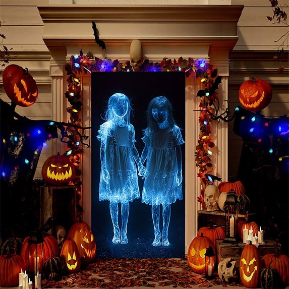 DAMAI Halloween Decorations Door Cover,Large Scary Twins Spooky Movie Halloween Door Banner,Glass Window Decals Decor Party Supplies for Cabinets Tiles Wood School Apartment Dorm Bathroom