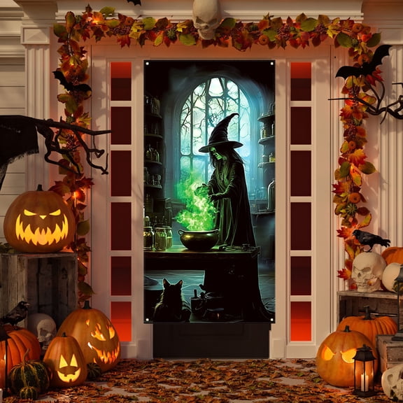 DAMAI Halloween Door Cover 35x71 Inch Mystical Green Witch Cauldron Spell Scene Polyester Fabric Door Banner for Enchanting Haunted House Entryway Decorations Spooky Lab Backdrop