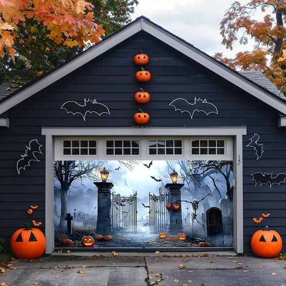 DAMAI Halloween Garage Door Decorations,13x5.9ft Creepy Cemetery Skeleton Dance Backdrop Halloween Garage Door Banner Cover Horror Night Forest Graveyard Background Spooky Party Decor