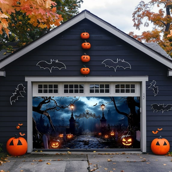 DAMAI Halloween Garage Door Decorations,13x5.9ft Creepy Cemetery Skeleton Dance Backdrop Halloween Garage Door Banner Cover Horror Night Forest Graveyard Background Spooky Party Decor
