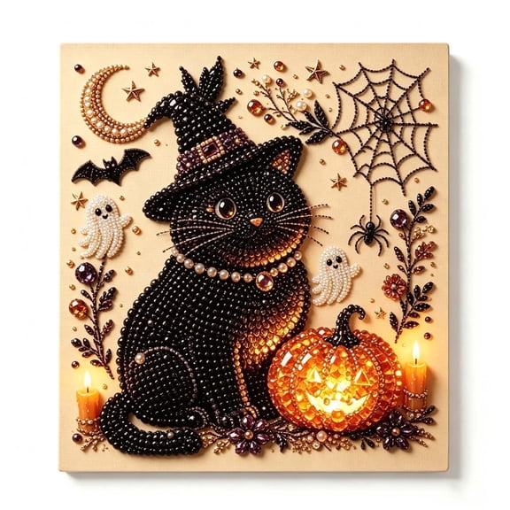 DAMAI Halloween Ghost Pearl Art DIY Kit,3D Pearl Mosaic Craft Set with Frame,Ornament for Beginner Friendly Handmade Art & Relaxing Home Time Project Wall Decor(Black Cat)