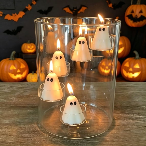 DAMAI Halloween Glass Hurricane Candle Holder, Multi Tier Floating Clear Cylindrical Glass Candle With 5 Ghost Candles,Modern Tabletop Decor For Bedroom Dining Room Wedding Home Decor