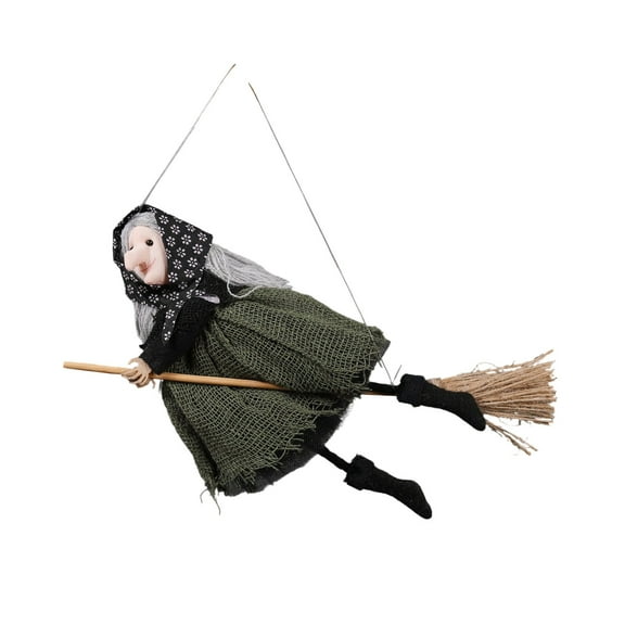 DAMAI Halloween Hanging Witch Ornament Scary Witch Flying on Broomstick with Head Scarf, Flying Witches Figures Hanging Pendant Decorations for Haunted House Party Tree Decor (Green)