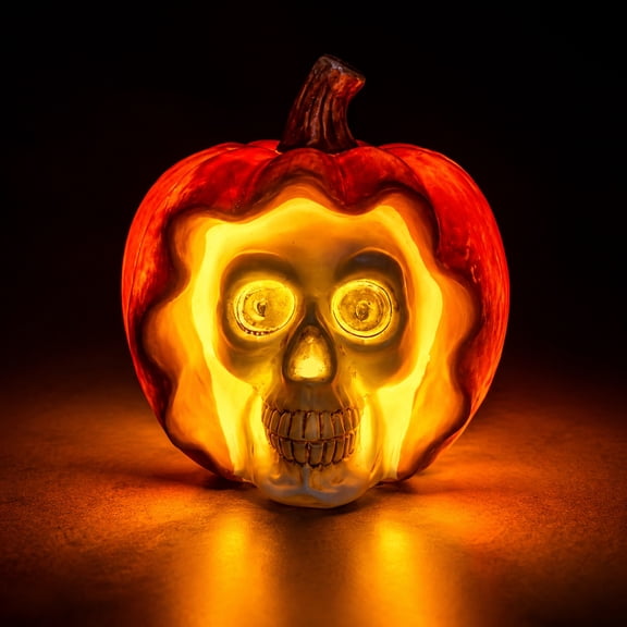 DAMAI Halloween Skull Pumpkin Night Light,Gradient Red Orange Resin Pumpkin with Skeleton Facial Carving,Tabletop Warm LED for Halloween Fireplace Mantel Coffee Bar Dining Table Decor
