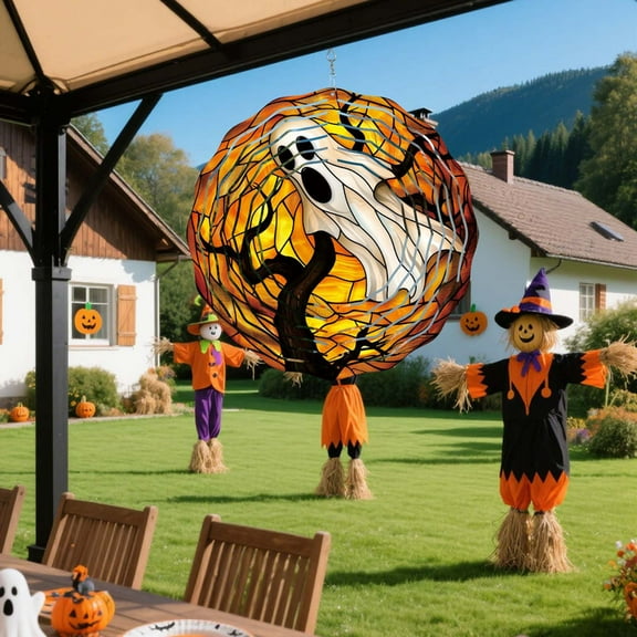 DAMAI Halloween Spooky Ghost Wind Spinner,Windchime 3D Metal Sculpture Wind Spinner,12in Stainless Steel Hanging Wind Spinners Outdoor Yard Patio Garden Decorations