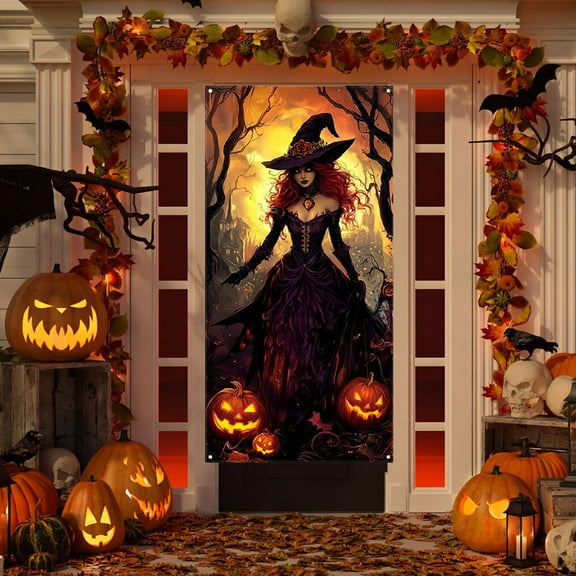 DAMAI Halloween Witch Door Cover Banner Decorative,Spooky Broomstick Pumpkin Scene Front Door Decor,Indoor Outdoor Autumn Holiday Supplies 35x70 Inch