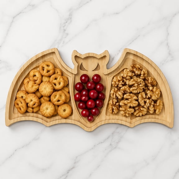 DAMAI Halloween Wooden Bats Shaped Serving Tray,Hand Carved Light Wood Bat Outline Dish With Raised Edge Anti-Spill,Multi-Purpose Natural Wood Storage Display Tray for Snack Jewelry Organizer