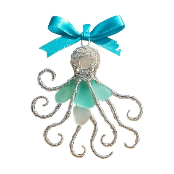 DAMAI Handmade Sea Glass Ocean Ornament, Hand Silver Wire Wrapped Sea Glass Christmas Decor, Ocean-Inspired Memorial Hanging Decoration,Unique Gift for Beach Lovers (Dolphin)