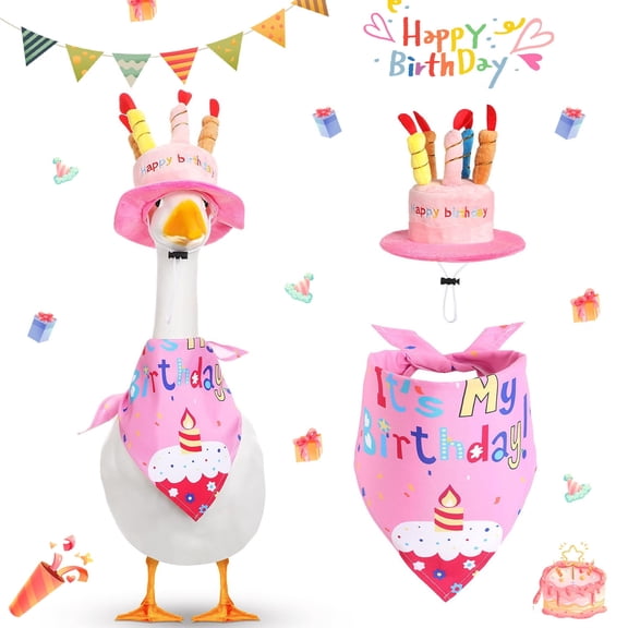 DAMAI Happy Birthday Goose Decoration Outfit,23x17 Inch Porch Goose Outfits with Happy Birthday Cake Hat and Bandana Yard Costume,for Cement/Plastic Porch Outdoor Statue Patio Yard Lawn Art
