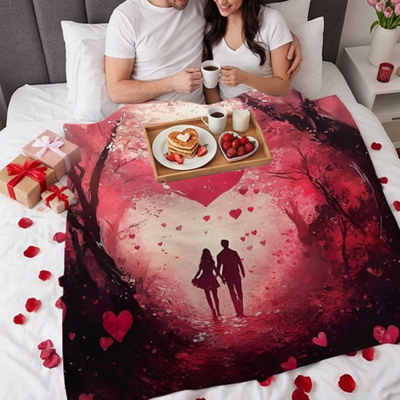 DAMAI Happy Valentine's Day Throw Blanket,Couple Lover Bed Blanket, Hand Drawn Love Heart Romantic Retro Fleece Blanket, Red Black Fuzzy Blanket (28 x 39 Inches)