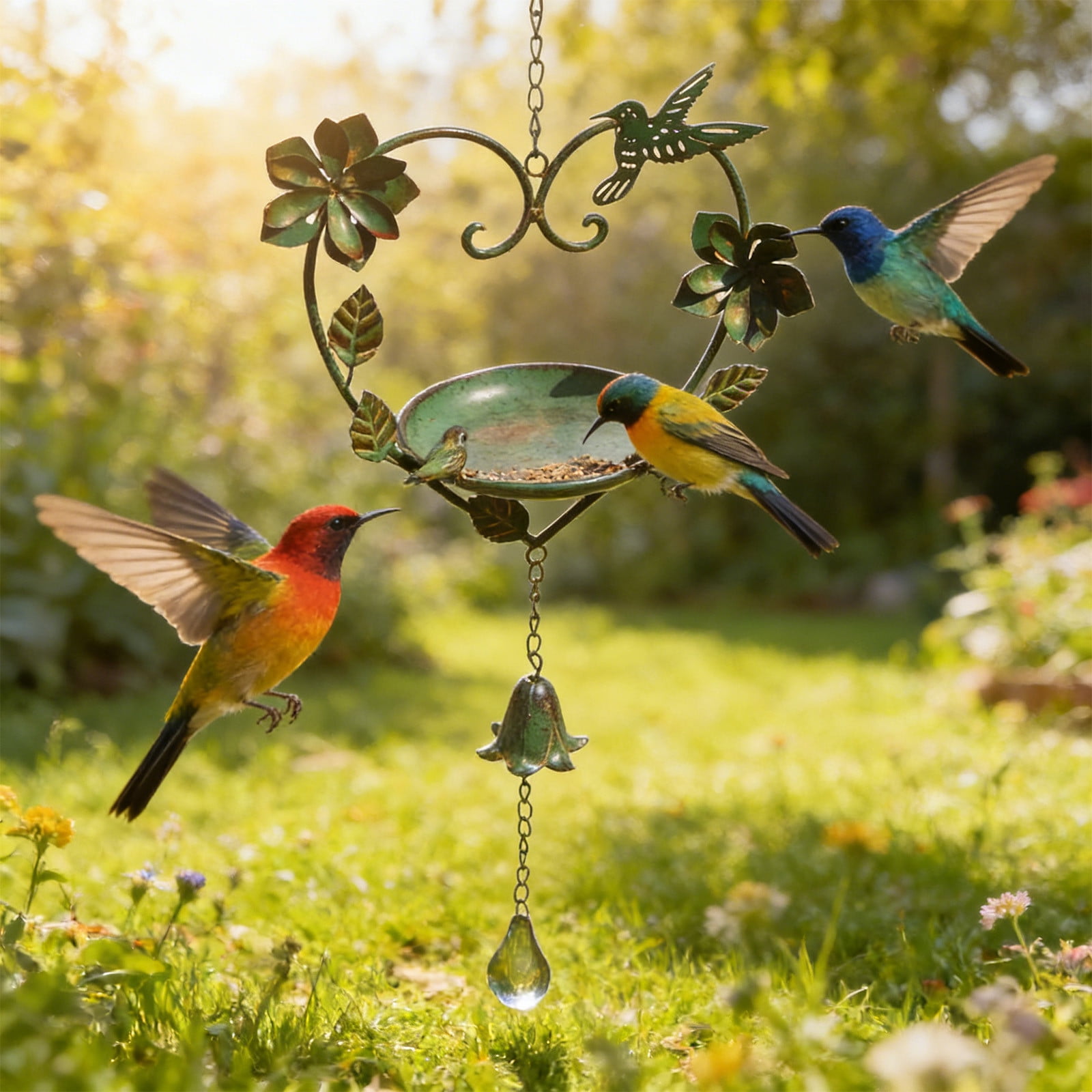 DAMAI Heart Shape Hanging Bird Feeder, Rustic Wind Chime Birdfeeder Bowl Housewarming Gift Metal Bird Feeder Garden Birdbath for Hallway Lawn Yard