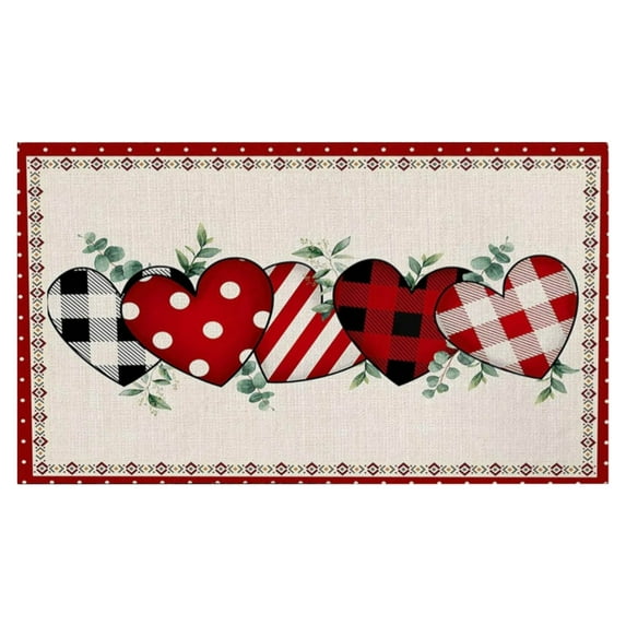 DAMAI Indoor Doormat Valentine's Day Red Heart Eucalyptus Leaves Non-Slip Entryway Rug Absorbent Door Mats, Boho Stripe Retro Linen Washable Front Doormat,15.7”x23.6”