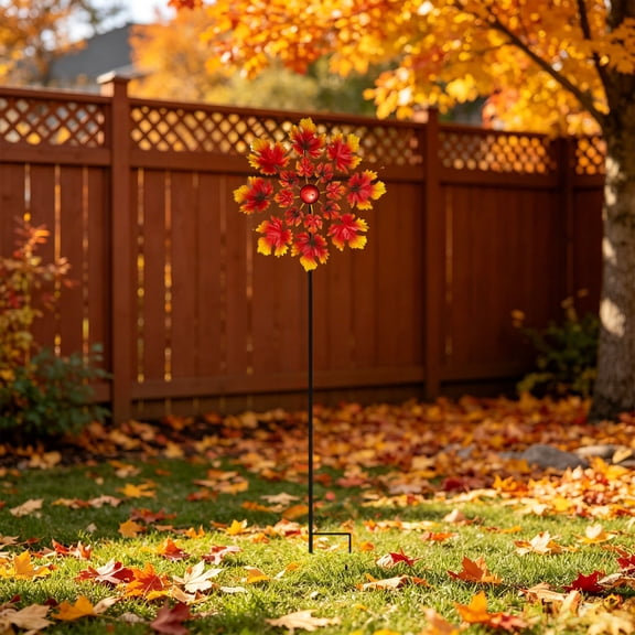 DAMAI Iron Windmill with Metal Maple Leaves Rotating Garden Stake, Weather Resistant Colorful Metal Maple Leaf Wind Spinner, Park Courtyard Lawn Landscape Outdoor Yard Decoration for Fall Holiday