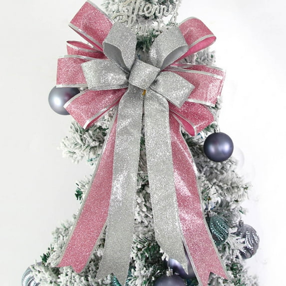 DAMAI Large Lighted Silver Bows for Christmas Tree Topper, 16 x 9 Inch Christmas Bows Glitter Christmas Tree Topper Bows Wreath Bow for Fall Halloween Thanksgiving Christmas Decorations
