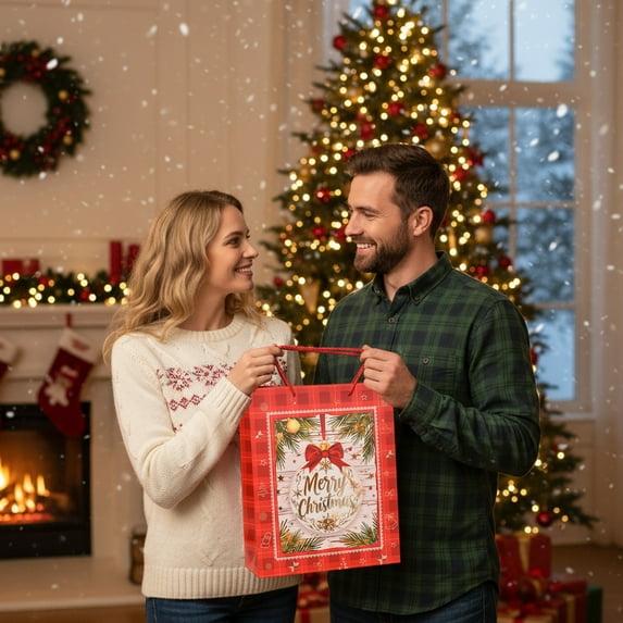 DAMAI Large Thickened Christmas Gift Bags with Handles, 9.4" Paper Gift Bags for Christmas Presents Reusable Bulk Gift Bags Goodie Bags,Party Favor Big Christmas Bags,Red Christmas