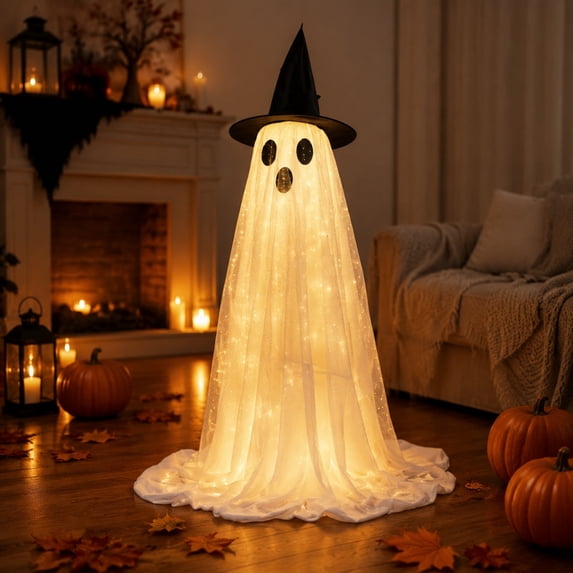 DAMAI Light Up Standing Ghost Decorations,4FT Halloween Spooky Glitter Tulle Fabric Ghosts Props with LED Light, Freestanding Ornament For Porch Yard Garden Lawn Halloween Party Display