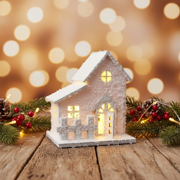 DAMAI Lighted Wooden Snow Christmas Houses for Tabletop Decor, 3.7 inch Wood Christmas Village Houses with Snow and Led, Holiday Desktop Decoration for Home, Office, and Gift Ideas