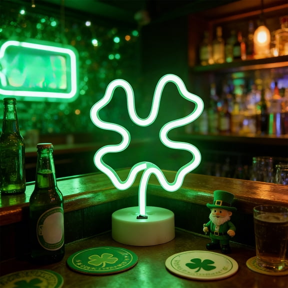 DAMAI Lucky Shamrock Neon Sign for St. Patrick's Day Home Decor, LED Neon Sign With Holder Base Table Lamps, Battery /USB Neon Lights for Room Party Table Art Dormitory Decorative Signs