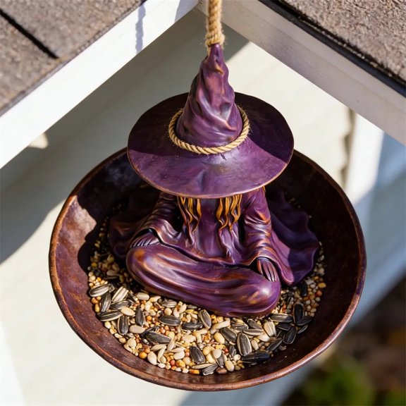 DAMAI Meditating Witch Garden Bird Feeder, Purple Resin Witch Hat Design with Rope Hanger For Outdoor Garden Patio Backyard Birdwatching