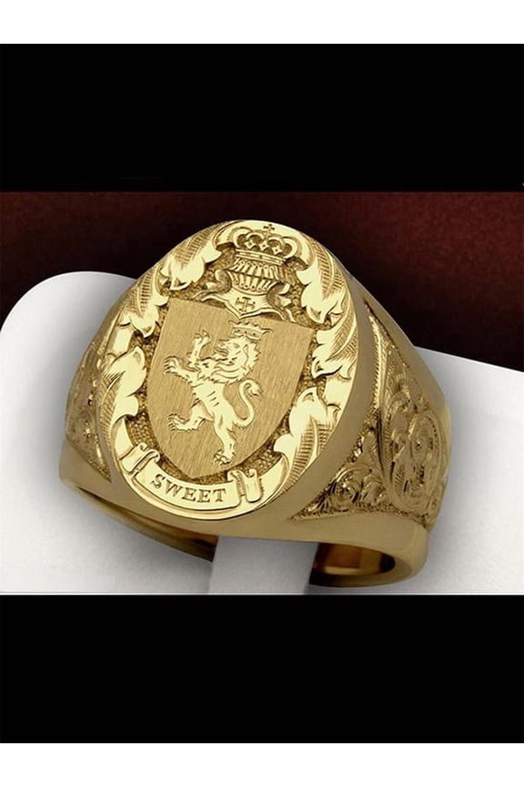 Men's Vintage Crown Lion Shield Badge Ring, 18K Yellow Gold Plated,Hypoallergenic & Durable Fashion Unisex Ring for Men Women for Valentine's Day Anniversary Party Gift Giving
