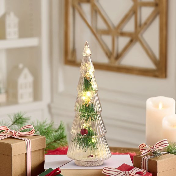DAMAI Mercury Glass Christmas Tree Silver Plate Glass Figurines with LED Fairy Lights,Light up Tabletop Mini Xmas Tree for Home Table Centerpiece