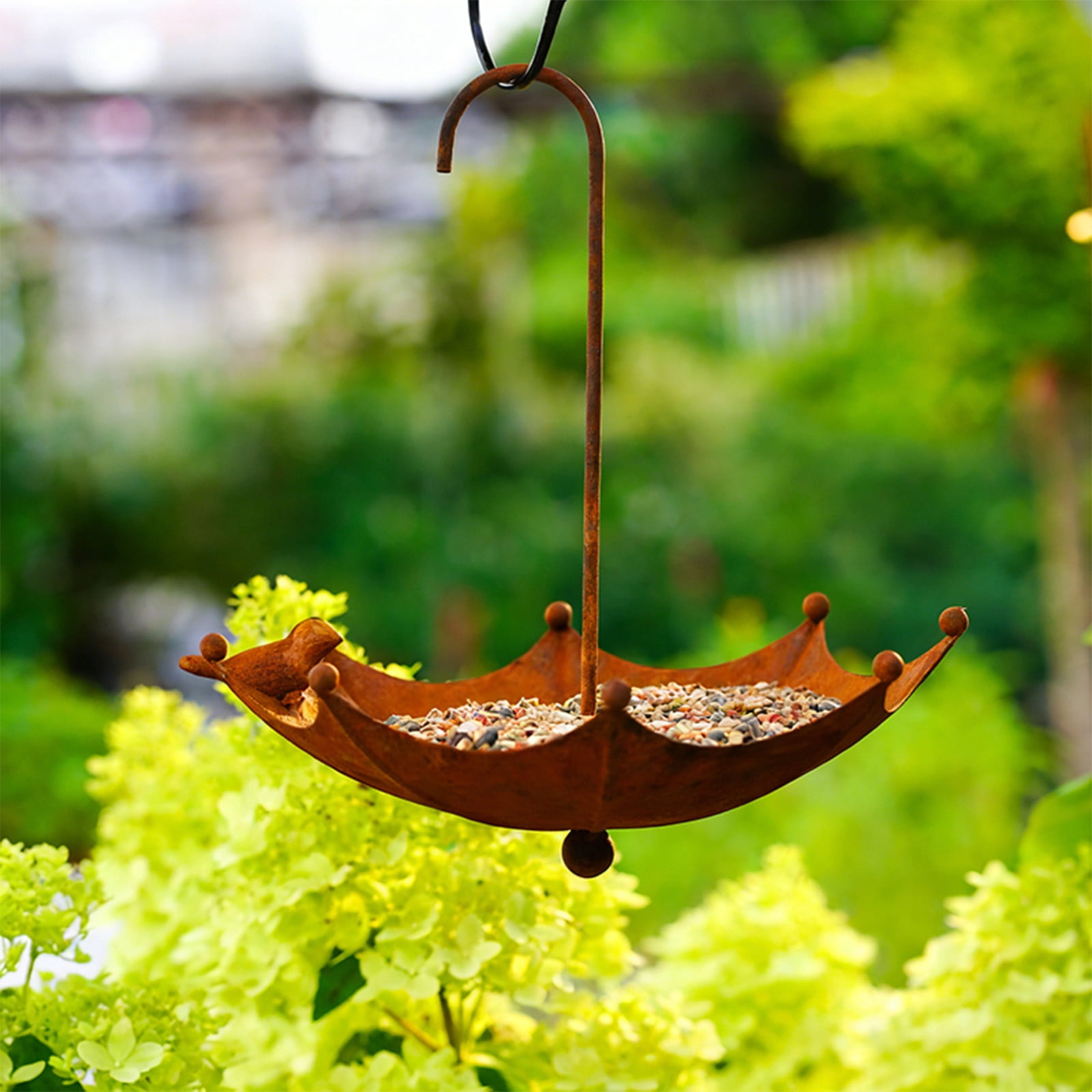 DAMAI Metal Umbrella Bird Feeders, Upside Down Umbrella Shape Bird Feeder with Hooks, Hummingbird Feeder for Outside, Metal and Water Bowl, Garden Backyard Decor, Brown